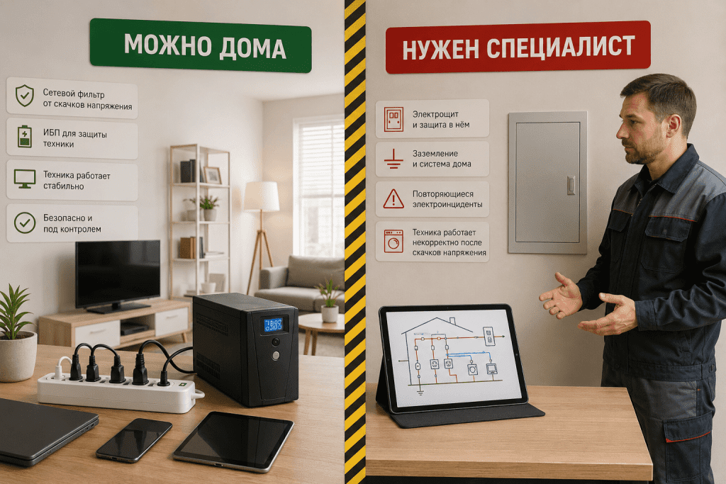 Если проблема повторяется или связана со щитом, заземлением или поломкой техники, нужен специалист