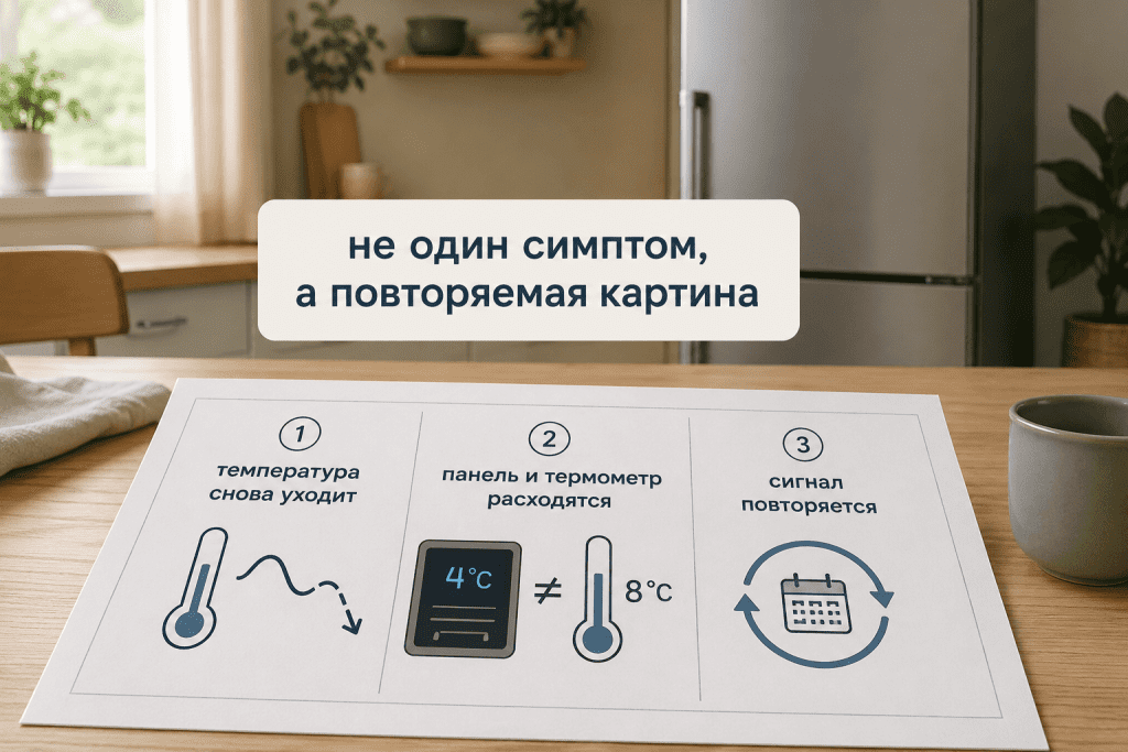 Комбинация устойчивого отклонения, нелогичных показаний и повторяющегося сигнала повышает вероятность сбоя датчика, но не доказывает поломку
