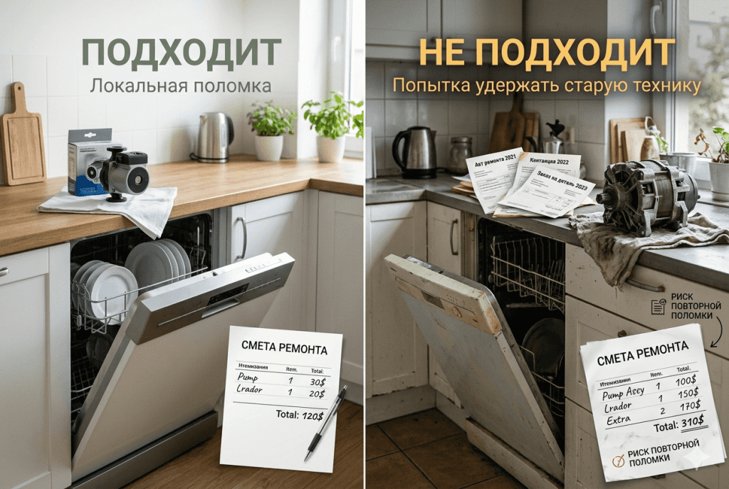 Два сценария: локальная поломка посудомойки подходит для ремонта, дорогой узел и повторные проблемы ведут к замене