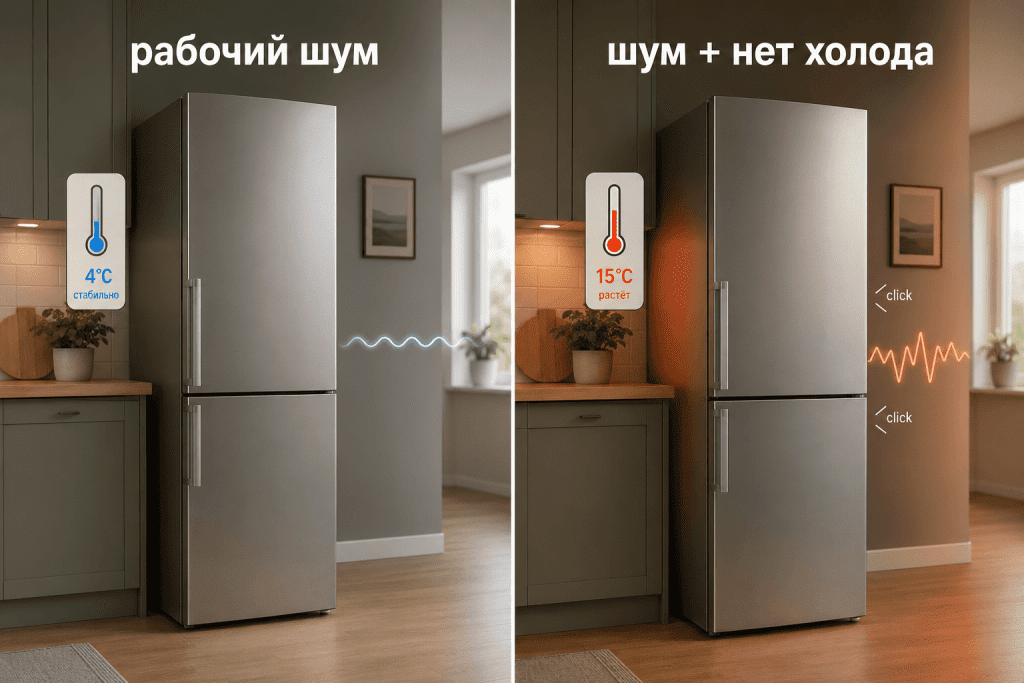 Сравнение рабочего шума холодильника и тревожного сценария, когда шум сочетается с ростом температуры и щелчками