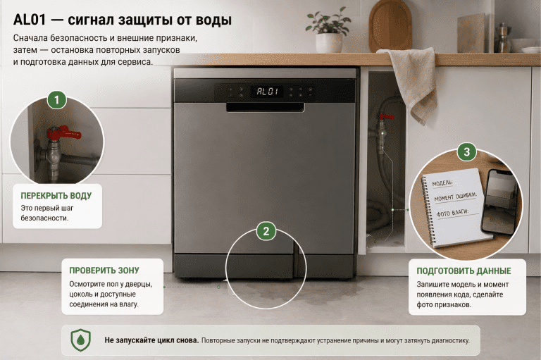 Ошибка AL01 у посудомоечной машины как сигнал защиты от протечки, где главный порядок действий — остановить запуск, проверить внешние признаки и подготовить данные