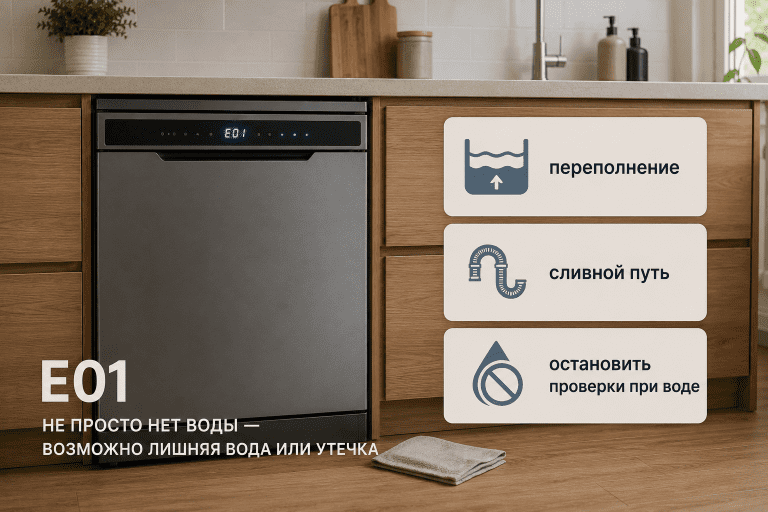 Ошибка E01 у посудомоечной машины Beko как предупреждение о переполнении, утечке и безопасной проверке без разборки