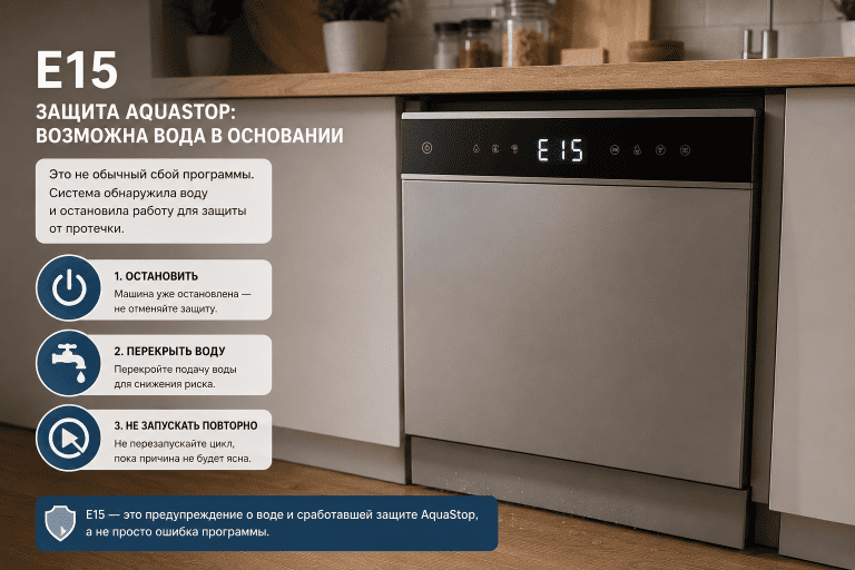 Обложка статьи об ошибке E15 у посудомоечной машины Bosch и безопасной реакции на AquaStop