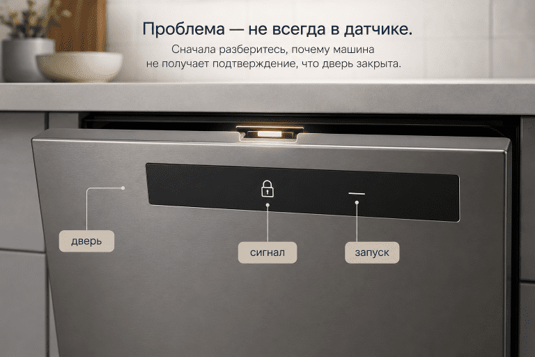 Датчик дверцы посудомоечной машины как часть цепочки закрытия, сигнала и запуска цикла