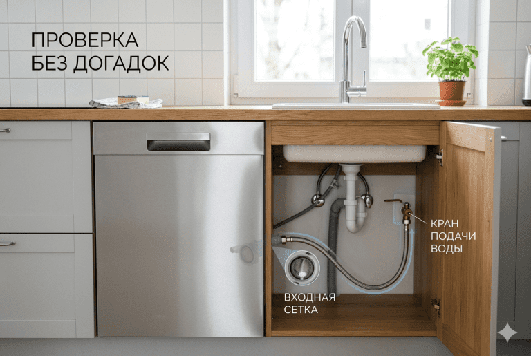 Проверка посудомоечной машины, которая не набирает воду, начинается с крана, шланга, сетки и безопасных границ