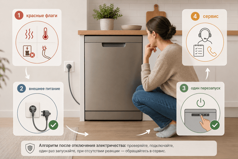 Посудомоечная машина не включается после отключения света, безопасный порядок действий от проверки рисков до обращения в сервис