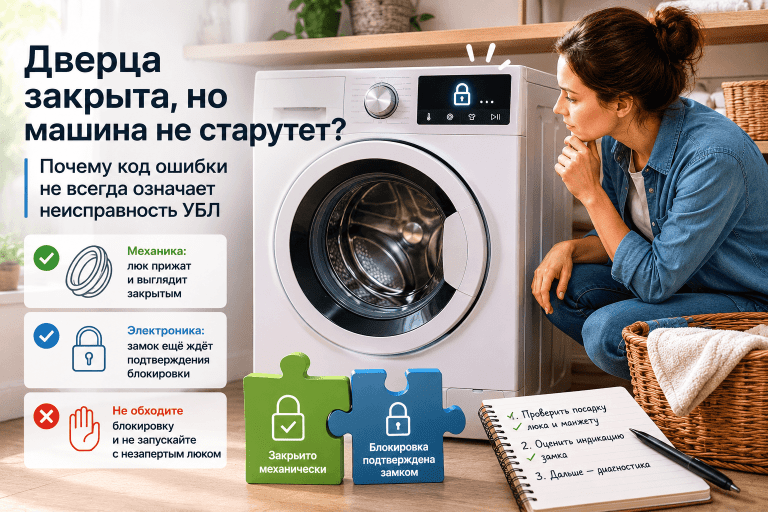 Стиральная машина не запускается, потому что дверца закрыта, но блокировка люка не подтверждена