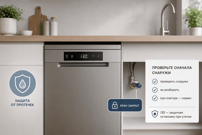 Ошибка i30 Electrolux: защита от протечки, безопасная внешняя проверка и граница обращения в сервис