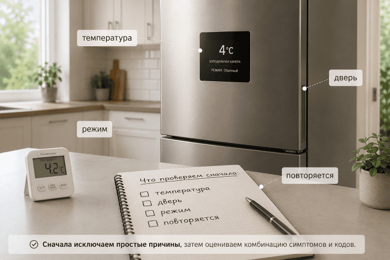 Обложка статьи о признаках неисправности датчика температуры в холодильнике и безопасном порядке проверки перед диагностикой