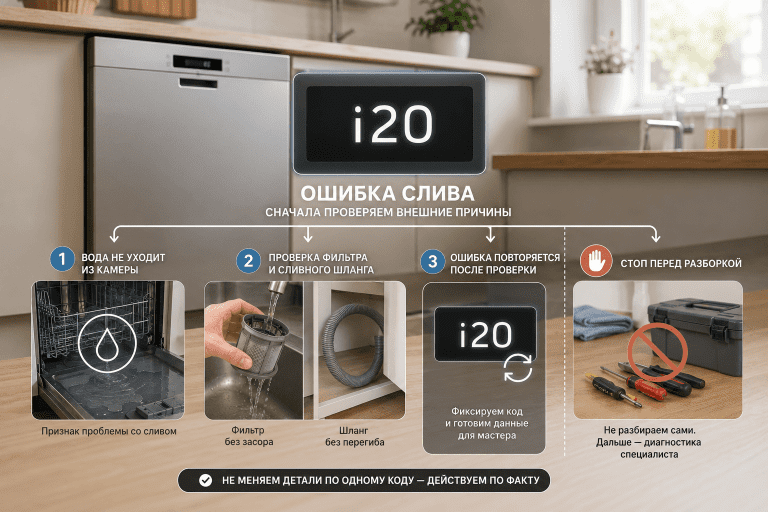 Итоговая визуализация статьи об ошибке i20 у посудомоечной машины Electrolux: код слива, безопасные проверки и граница обращения в сервис