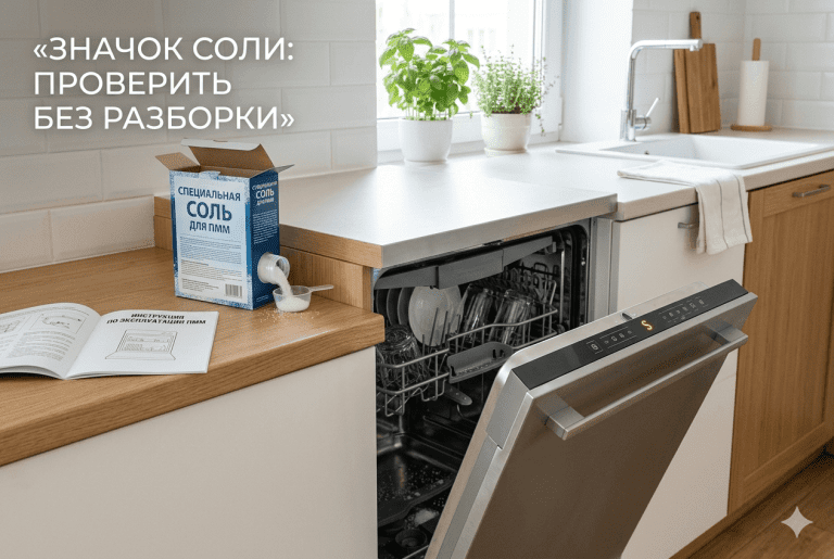 Обложка статьи о значке соли в посудомоечной машине и безопасной проверке без разборки