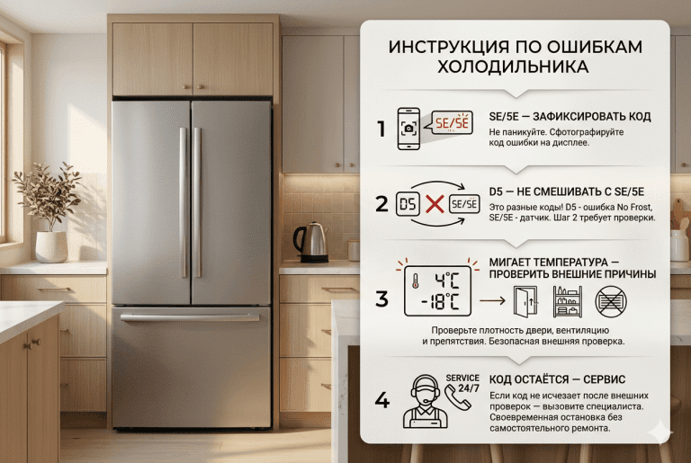 Итоговая визуальная модель действий при кодах SE, 5E, D5 или мигающей температуре на холодильнике