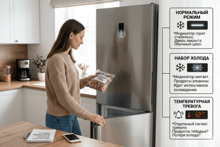 Итоговая визуальная модель проверки мигающего Super Freeze на холодильнике