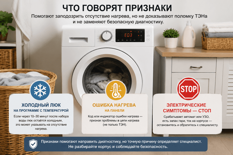 Признаки неисправности ТЭНа в стиральной машине: холодный люк, ошибки нагрева и безопасная граница проверки