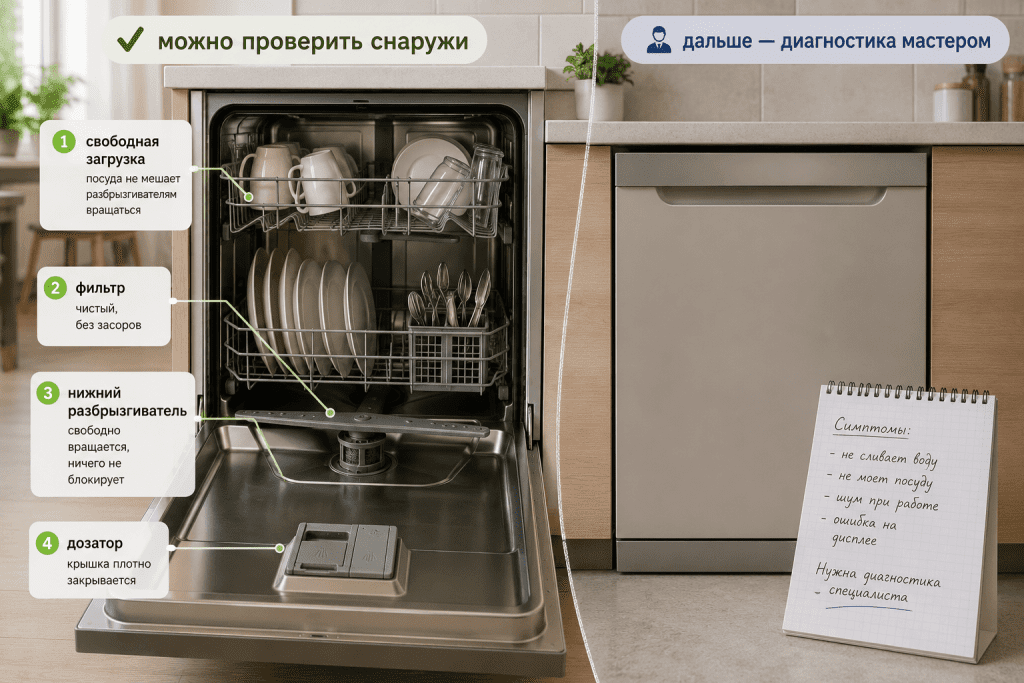 Граница между безопасными внешними проверками и сервисной диагностикой посудомоечной машины
