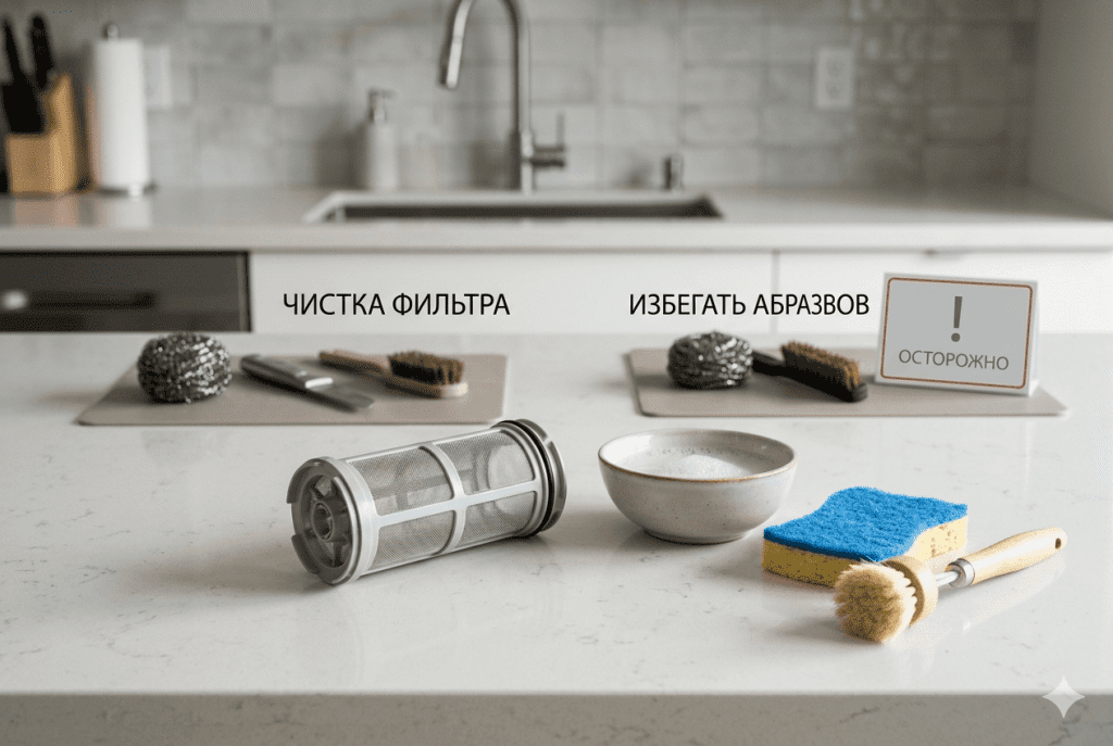 Сравнение безопасных и неподходящих средств для чистки фильтра посудомоечной машины