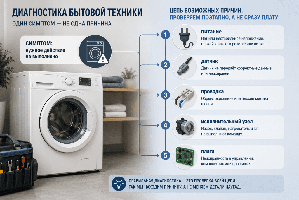 Одинаковый внешний симптом может возникать из-за питания, датчика, проводки, узла или платы