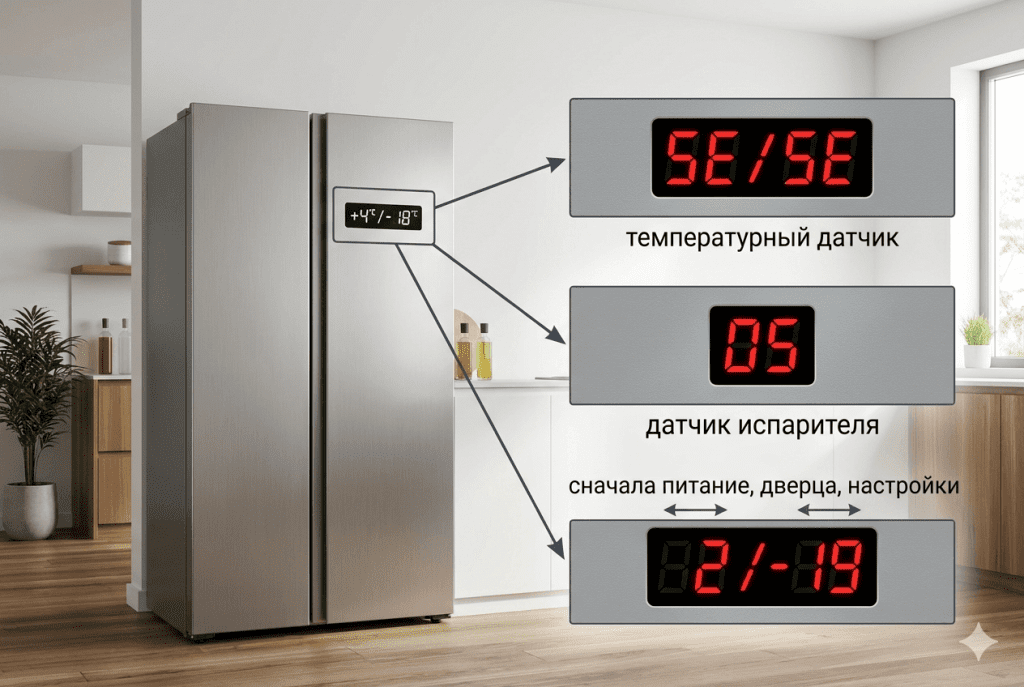 Сравнение трёх ситуаций на дисплее холодильника: SE/5E, D5 и мигающая температура без кода