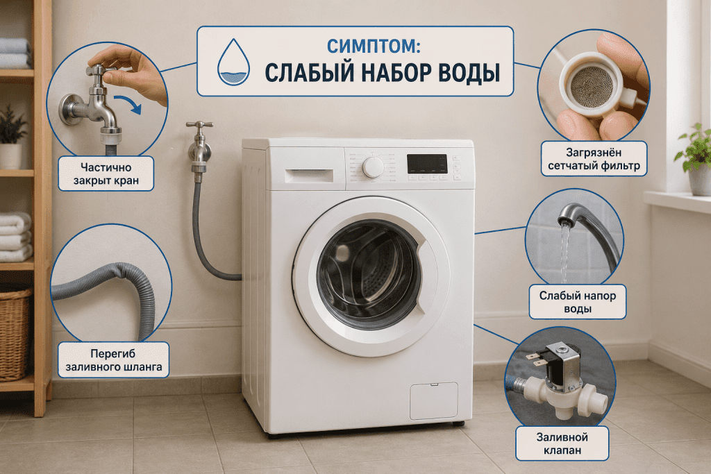 Слабый набор воды у стиральной машины может быть вызван разными причинами, а не только засором сетки