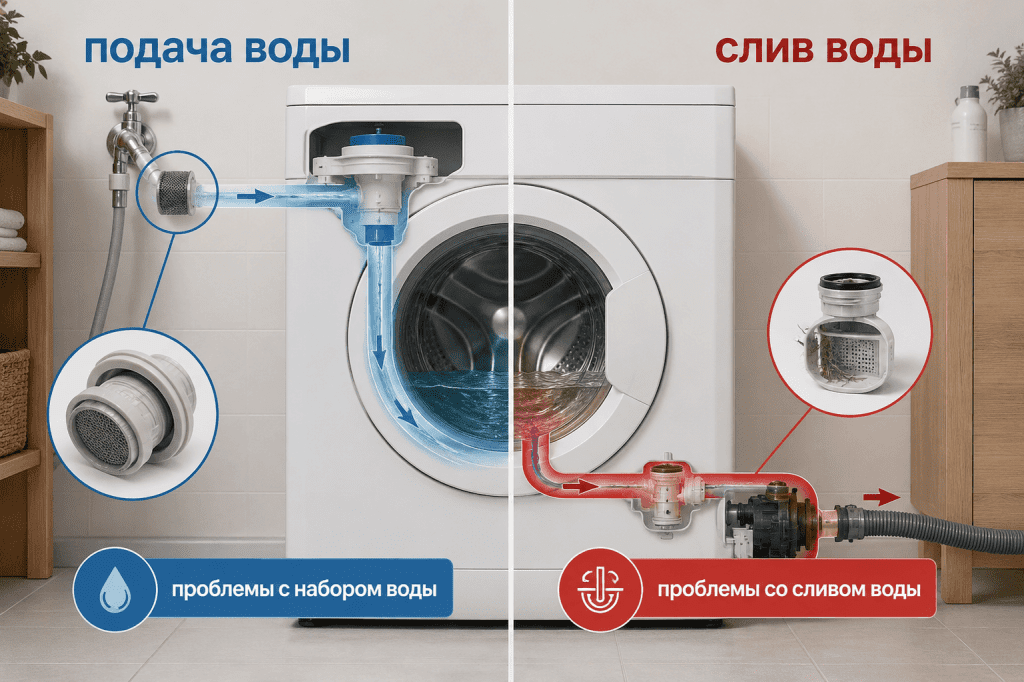 Сравнение сливного фильтра и впускного фильтра стиральной машины по направлению движения воды