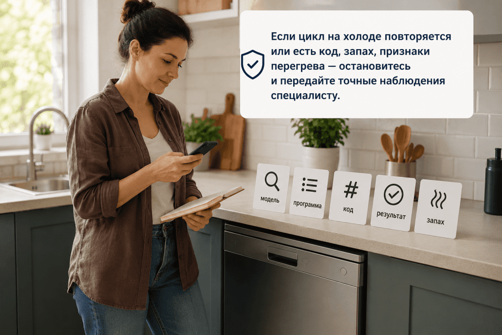 Безопасная граница самостоятельных проверок посудомоечной машины и список данных для сервиса
