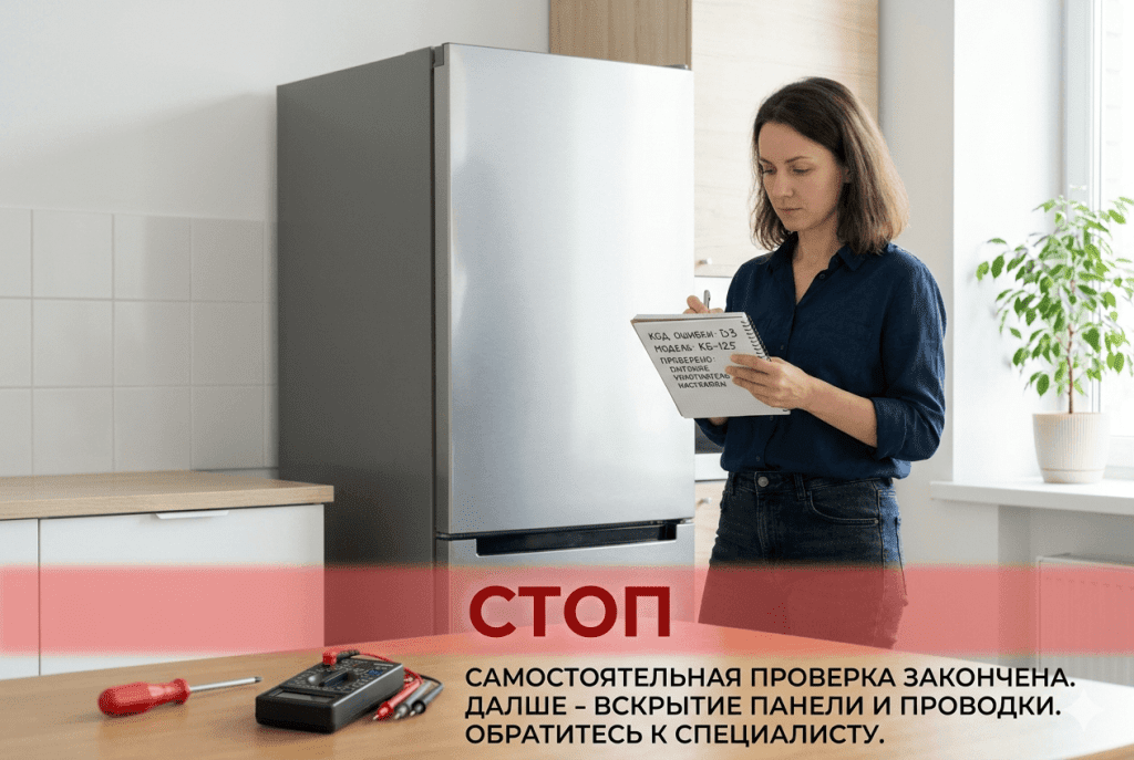 Граница самостоятельной проверки холодильника: не вскрывать корпус и не измерять проводку