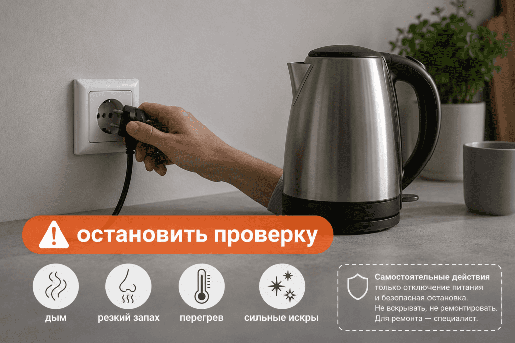 Граница самостоятельной проверки: при дыме, резком запахе гари или сильных искрах технику нужно остановить