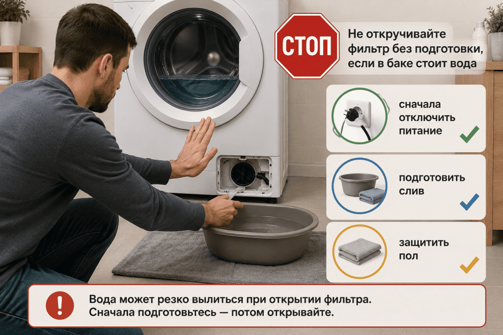 Перед открытием фильтра при воде в баке нужно остановиться и подготовить безопасный слив
