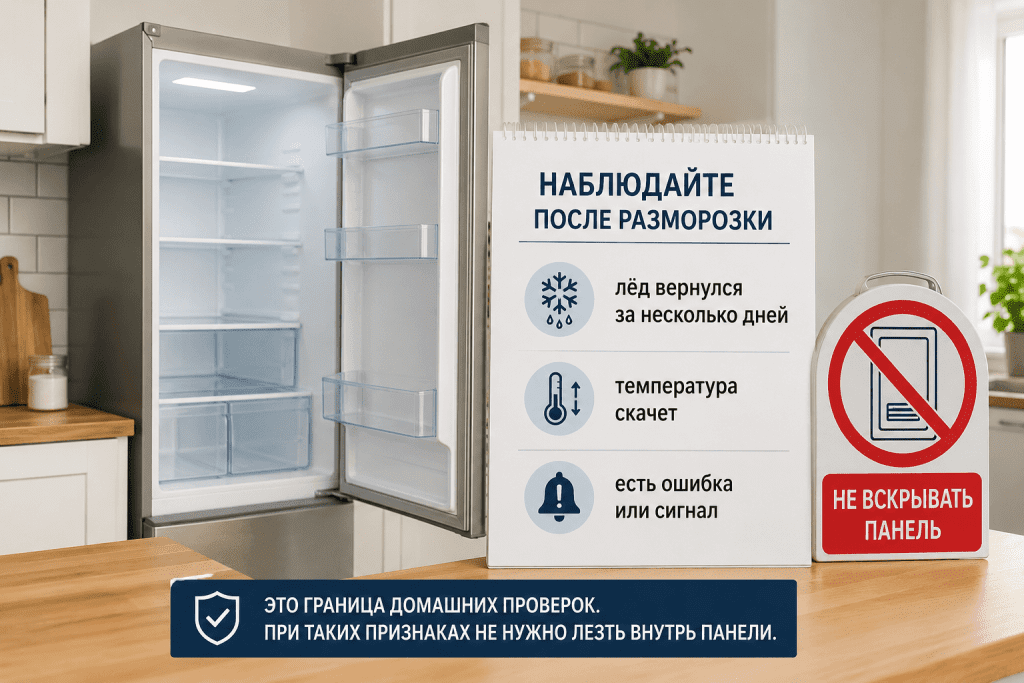 Стоп-правило для холодильника: лёд быстро возвращается после разморозки, температура нестабильна, домашние проверки пора остановить