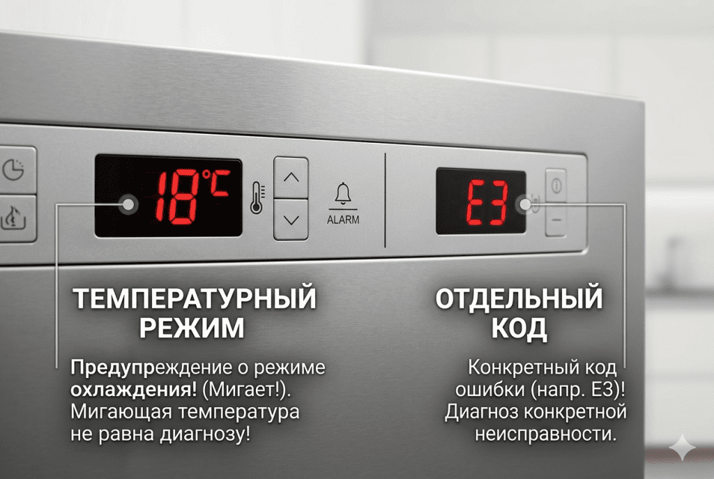 Сравнение мигающей температуры и отдельного кода ошибки на панели холодильника