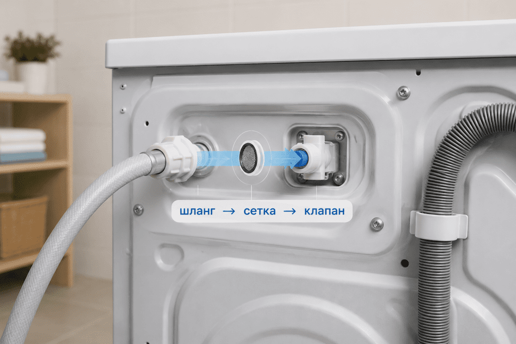 Фильтр-сеточка на входе воды в стиральную машину перед впускным клапаном