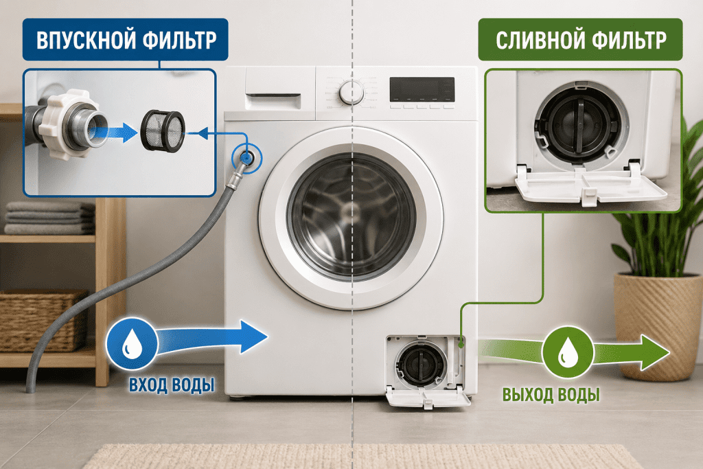 Отличие впускного фильтра от сливного фильтра стиральной машины по направлению воды и месту расположения